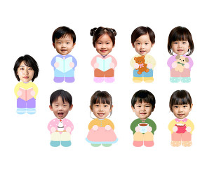 앉아있는 아이와 선생님 합성이미지 (겨울)