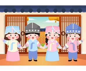 한복입은 아이들과 한옥 배경