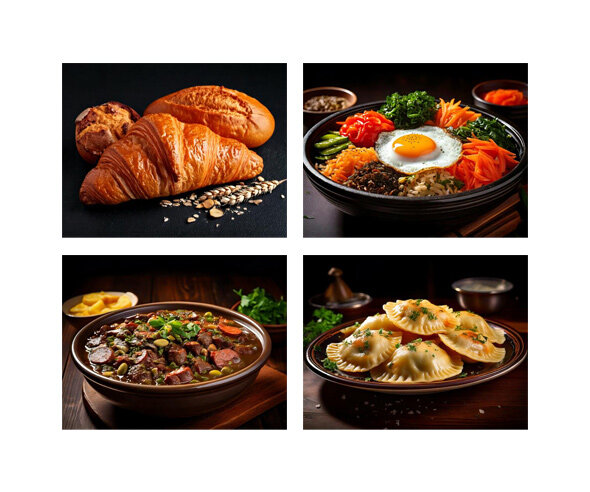 세계 여러 나라 전통 음식(페이조아다,피에로기,비빔밥,바게트와 크로와상) 