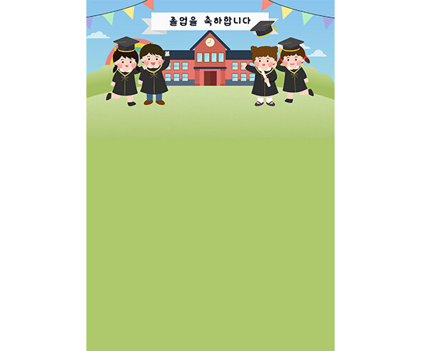학사모 입은 아이들과 학교 배경