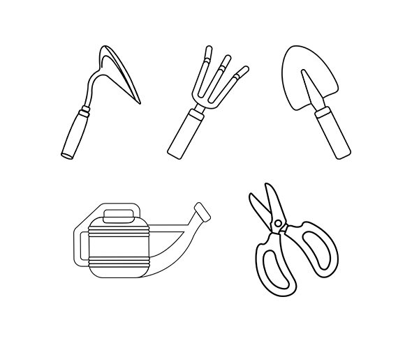 원예용 도구(가위,갈퀴,물뿌리개,호미,모종삽) 색칠 모음