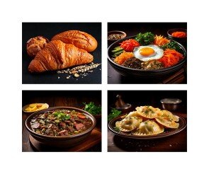 세계 여러 나라 전통 음식(페이조아다,피에로기,비빔밥,바게트와 크로와상) 