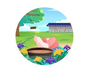 창포 물 머리감는 아이 합성 라벨