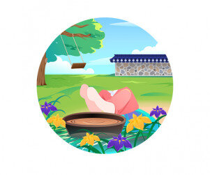 창포 물 머리감는 아이 합성 라벨