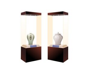 박물관 전시대(상감 모란 버들 갈대무늬 매병, 백자)